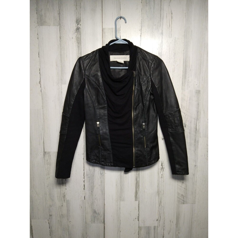 TREASURE & BOND Black Leather Motorcycle Jacket, 2 Zip Pockets Size XS